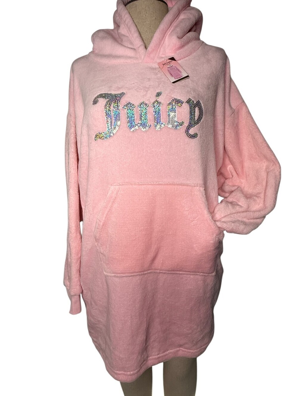 NWT Juicy Couture Lola Pink Sequin Logo Comfy Lounger Sherpa Hoodie L/XL